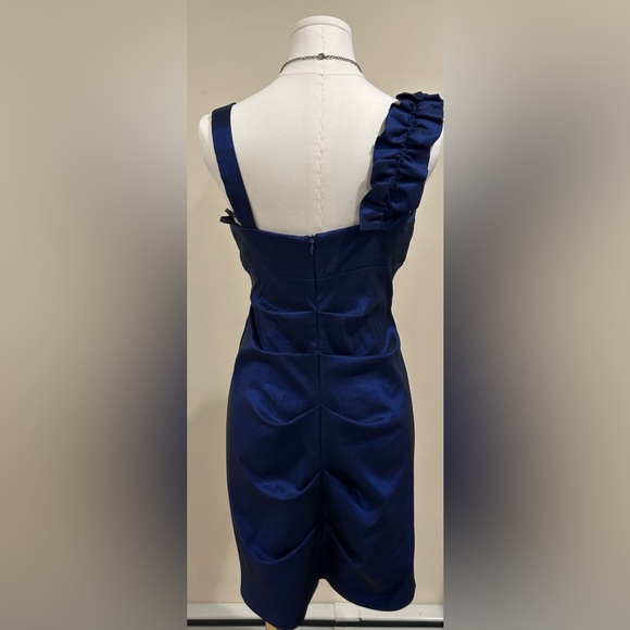Xscape Royal Blue Draped Ruffle V Neck Cocktail Dress. Draped On One Side Sz 10P - Picture 7 of 14